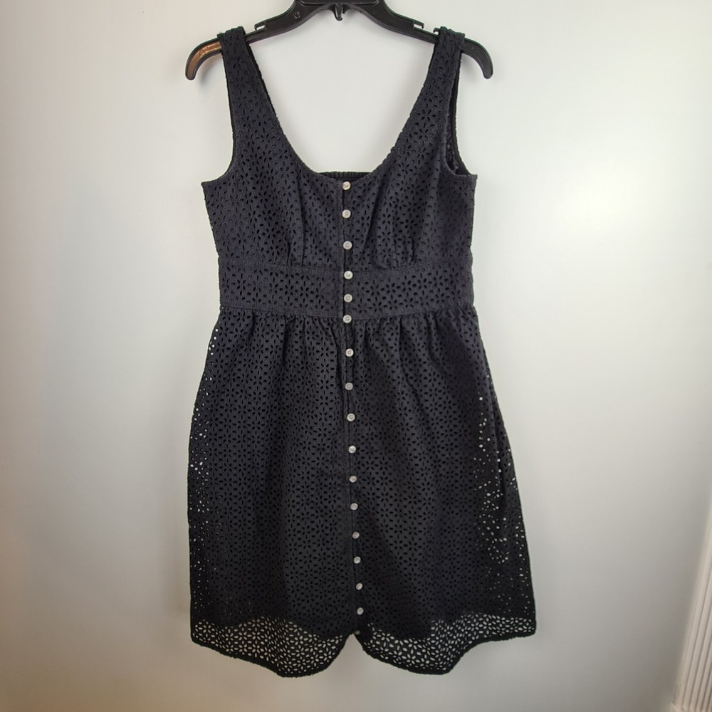 J.Crew Womens Black Cotton Eyelet Button Front Smocked Back Sun Dress Size 10